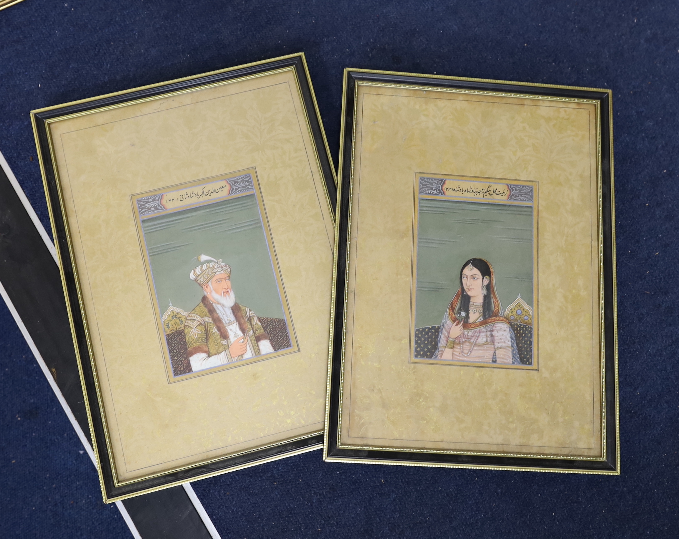 Indian Mughal style, pair of gouache portraits, 17cm x 10cm